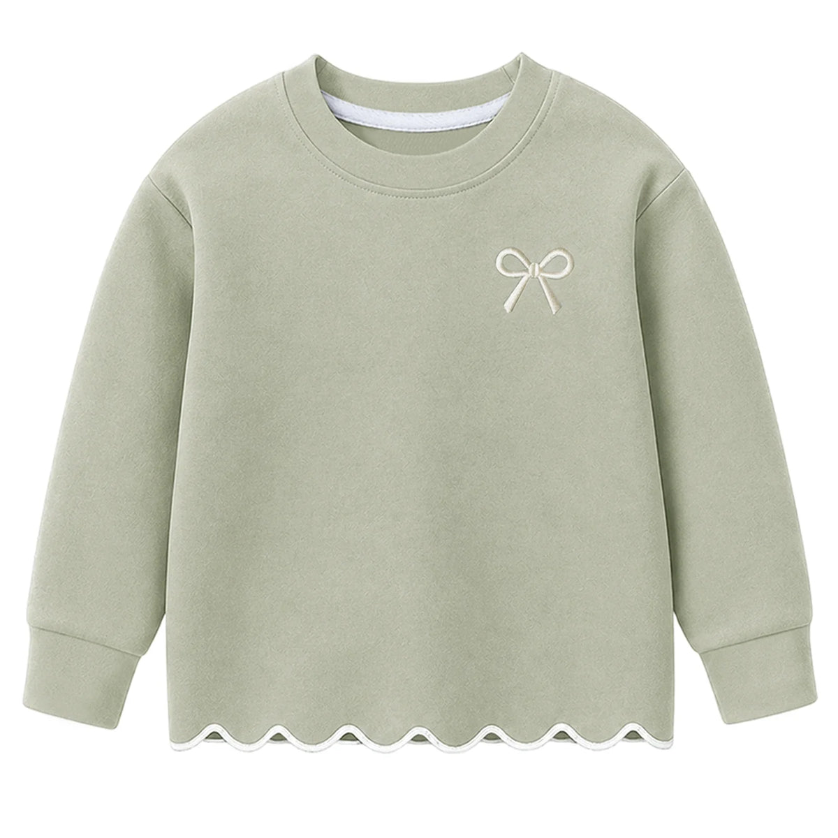 HILEELANG Girls 2 Piece Outfit Set, Bow Detail Long Sleeve Top & Flare Pants, Scallop Trim, Sage Green