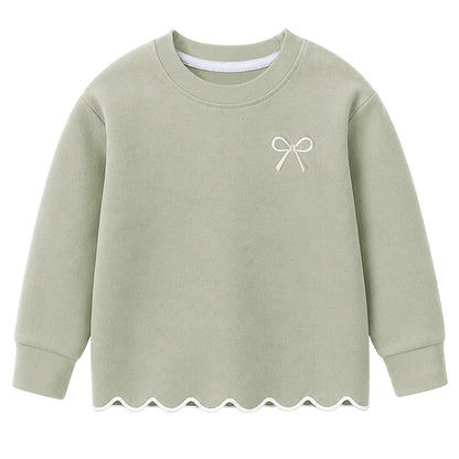 HILEELANG Girls 2 Piece Outfit Set, Bow Detail Long Sleeve Top & Flare Pants, Scallop Trim, Sage Green
