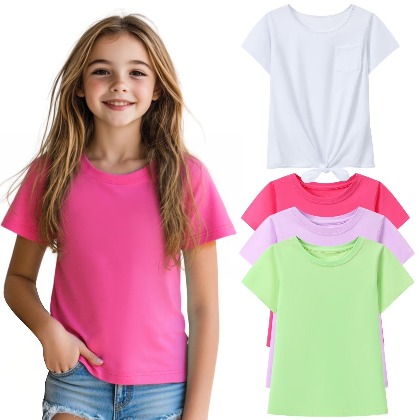 HILEELANG 4-PC Little Girls 5-16Y Hot Pink Lavender Light Green White Cotton Short Sleeve Crewneck T Shirt Tee