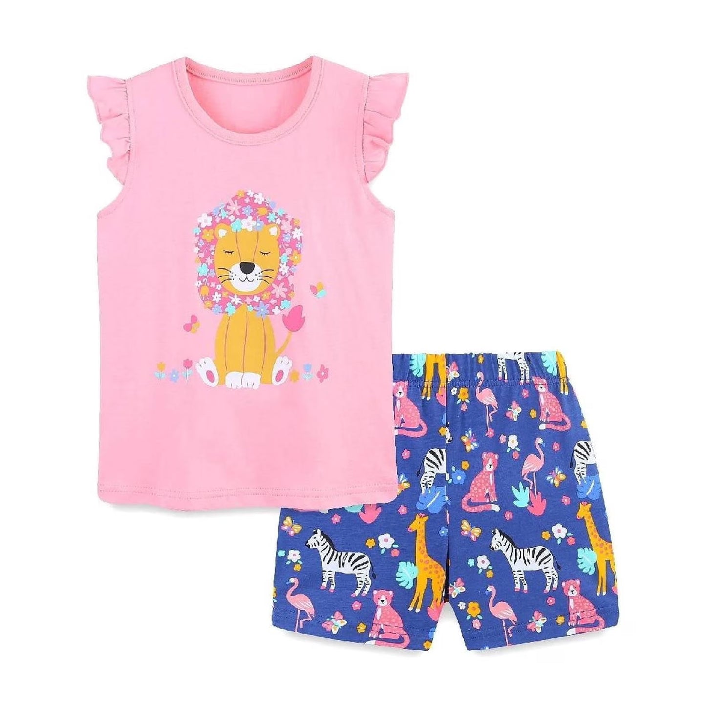 HILEELANG Toddler Girl Summer Short Clothes Sets Outfits Cotton Pink Lion Tee Shirts Shorts Playwear