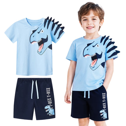 HILEELANG Toddler Dino Themed Cotton Short Sets - Blue Dinosaur Tee with Plaid Shorts for 18M-8Years