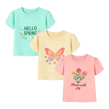 HILEELANG 2-7T Toddler/Little Girls 100% Cotton 3 Pack Floral Butterfly Graphic Short Sleeve T-Shirt