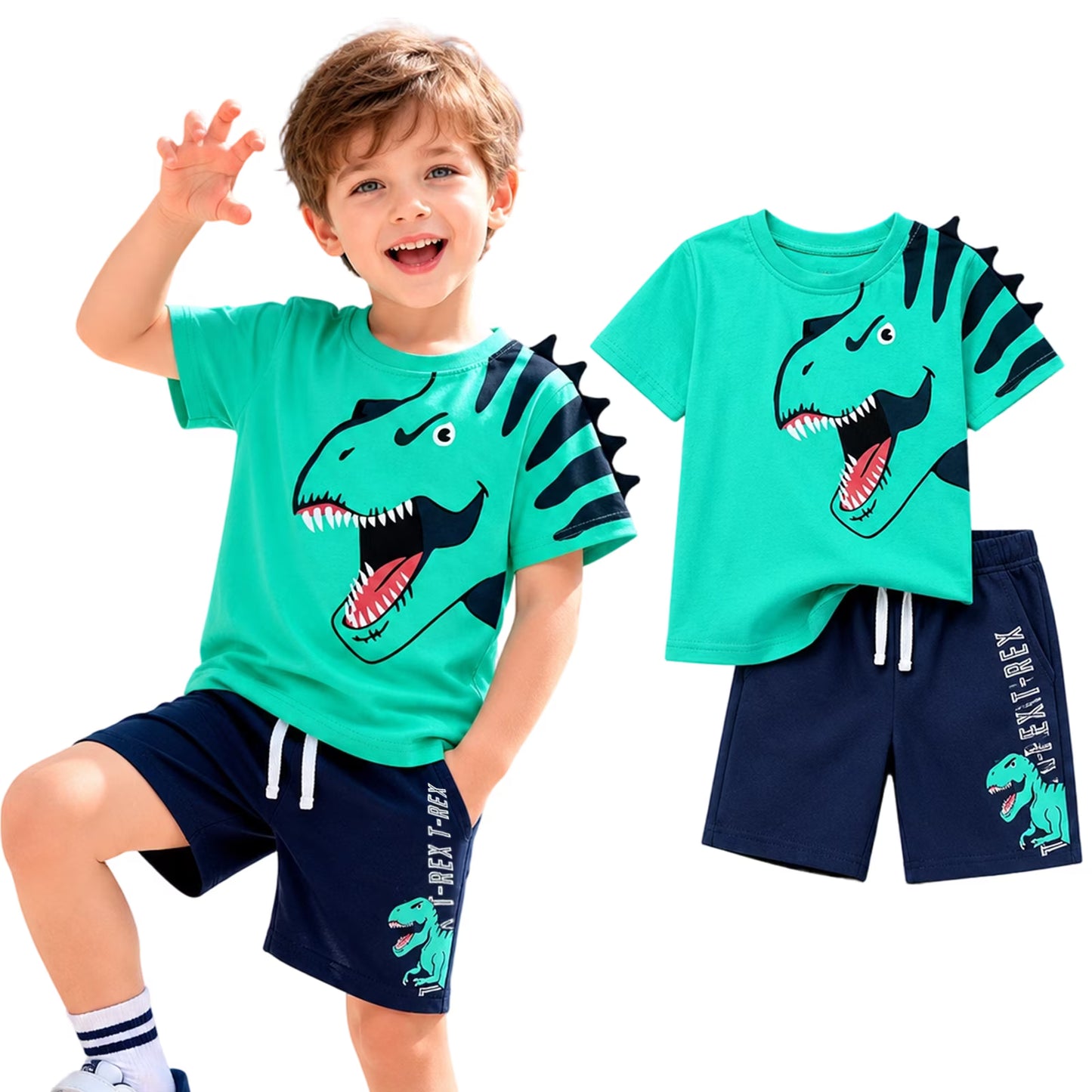 HILEELANG Toddler Dino Themed Cotton Short Sets - Green Dinosaur Tee with Plaid Shorts for 2-7Years(3T)