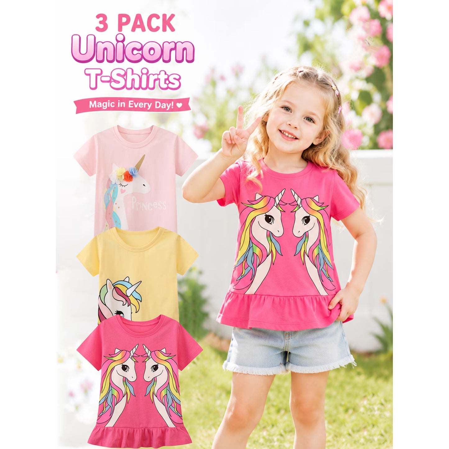 HILEELANG Toddler Girl Short Sleeve Cotton Crewneck Unicorn Graphic T-Shirt