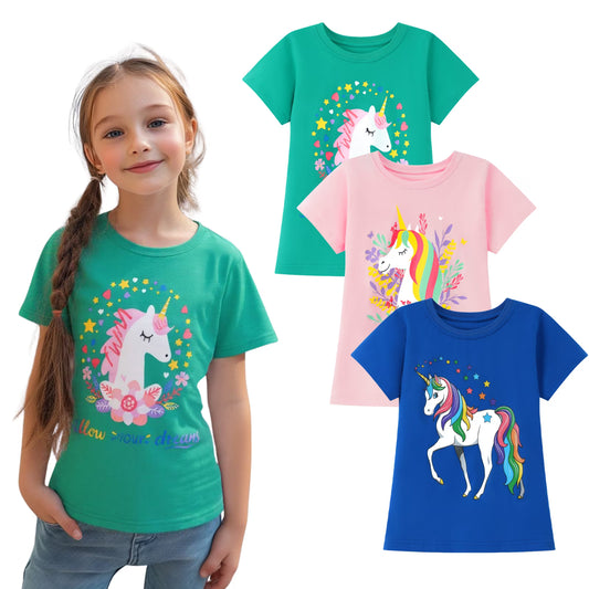 HILEELANG Little Girl Cotton Short Sleeve Tees, Unicorn Print, 3-Pack