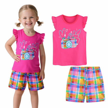 HILEELANG Toddler Girl Summer Short Outfits Cotton CrewNeck Pink Camerta Short Sleeve Playwear 2PC Sets