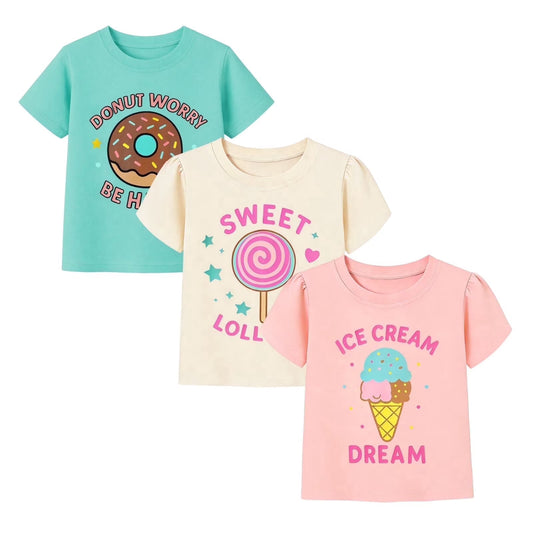 HILEELANG 2-7T Toddler/Little Girls 100% Cotton 3 Pack Cute Food Graphic Short Sleeve T-Shirt