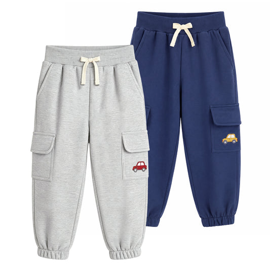 HILEELANG Toddler Boys 2 Pack Cargo Jogger Pants Car Embroidery Drawstring Sweatpants Heather Grey Navy