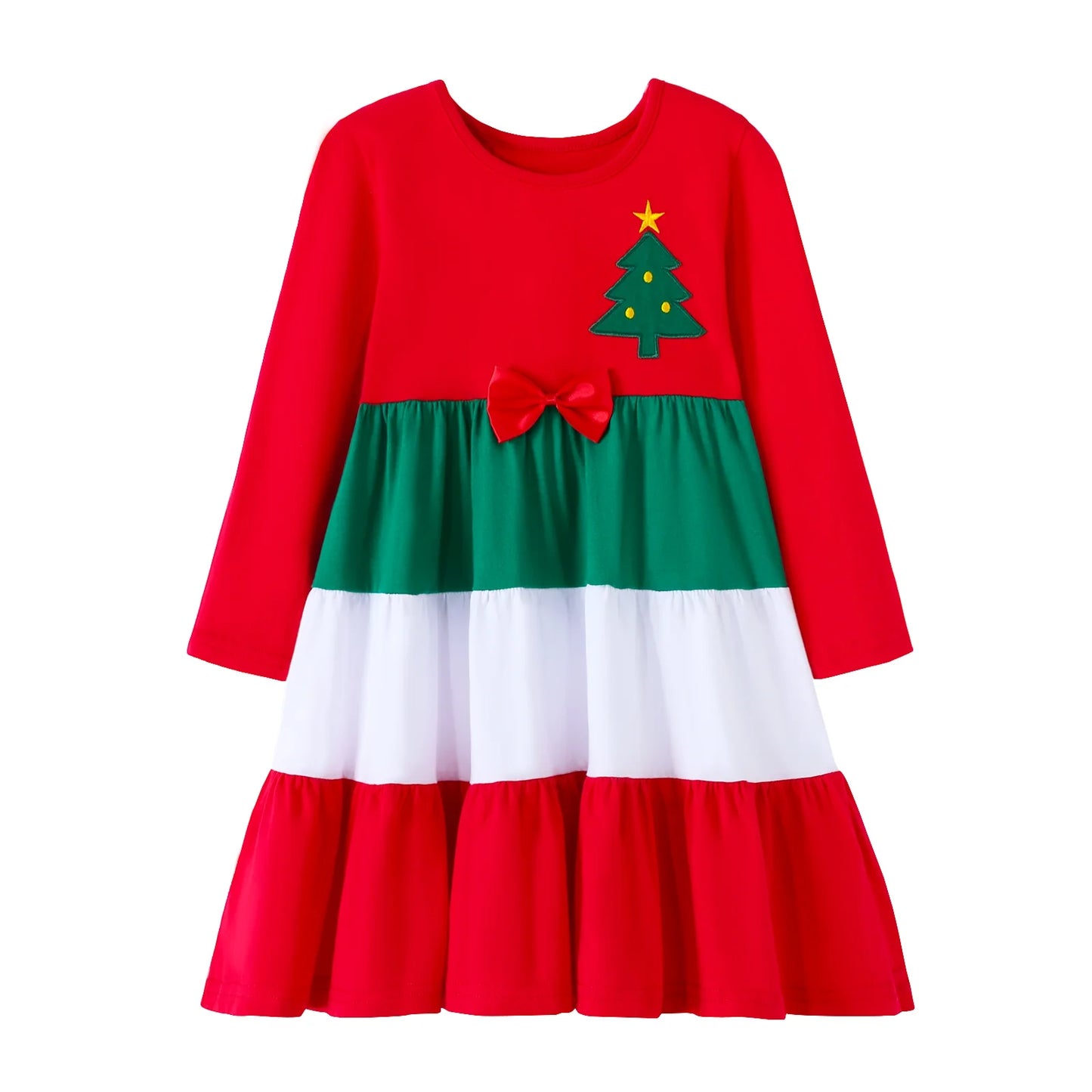 HILEELANG Girls Christmas Dress Long Sleeve CottonHoliday Outfit with Bow Red Green Tiered Festive Party Dress for Toddler Kids, Xmas Birthday Outfit Winter Clothing