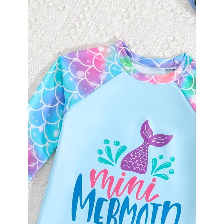 HILEELANG Toddler Girls' Rash Guard Sets Long Sleeve Shirts and Swim Shorts 2 Piece Blue Mermaid Swim