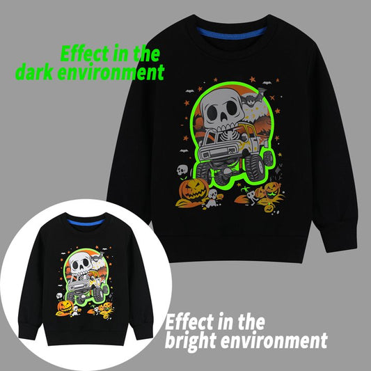 HILEELANG Toddler Boy Black Sweatshirts Halloween Skeleton Pumpkin Graphic Glow in the Dark Crewneck Long Sleeve Pullover Cotton Top Sweater Shirts