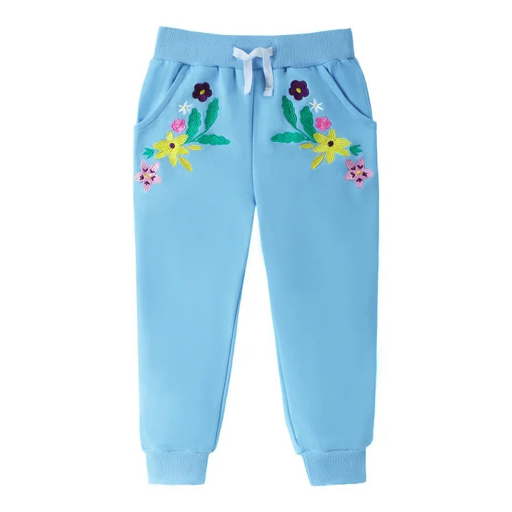 ILEELANG Toddler Girls（Age:12M-7Y) Cotton Joggers Sweatpants Floral Embroidery Drawstring Waist and Pockets-Pink Blue Casual Athletic Pants for Kids