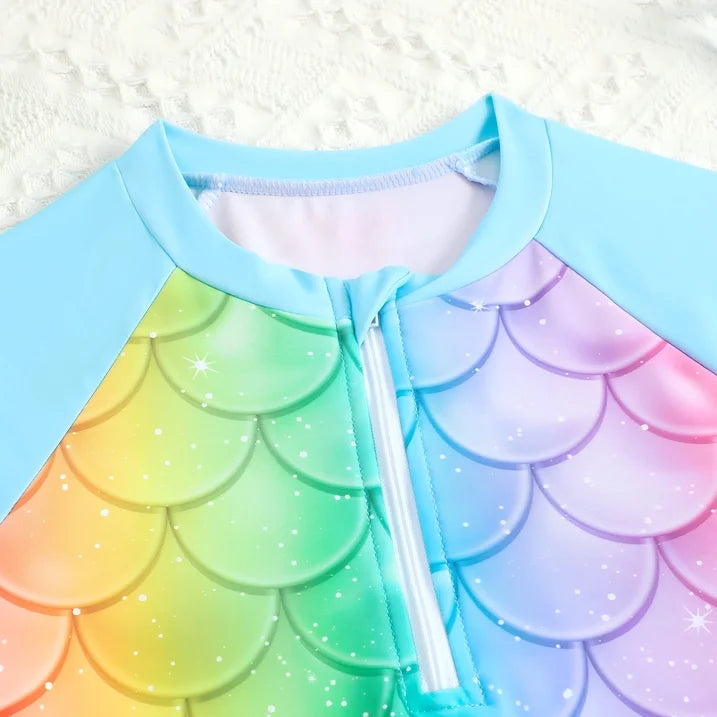 HILEELANG 3-8T Toddler/Little Girls Light Blue Rainbow Mermaid Scales Rashguard Swimsuit