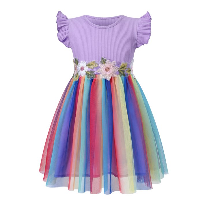 HILEELANG Toddler Little Girls Rainbow Tulle Dress, Floral Embroidered Flutter Sleeve Birthday Party Tutu Dress for Girls