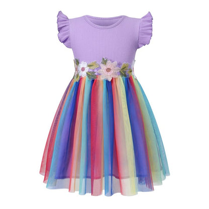 HILEELANG Toddler Little Girls Rainbow Tulle Dress, Floral Embroidered Flutter Sleeve Birthday Party Tutu Dress for Girls