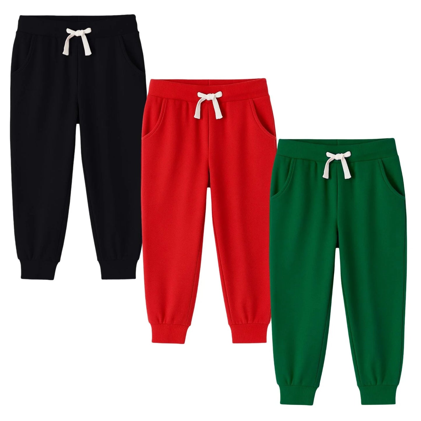 HILEELANG Toddler Girls' Jogger Pants 3-Pack Pull on Cotton French Terry Solid Adjust Black Red Purple Ruffle Pocket SweatPants 2Y