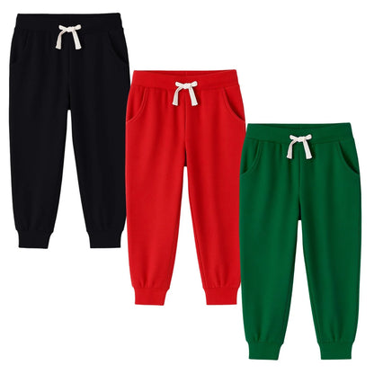 HILEELANG Toddler Girls' Jogger Pants 3-Pack Pull on Cotton French Terry Solid Adjust Black Red Purple Ruffle Pocket SweatPants 2Y
