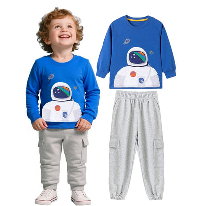 HILEELANG Toddler Boys(2-7Y) Blue Astronaut Sweatshirt and Grey Pants Set, 2 Piece Long Sleeve Outfit for Kids, Cotton Fall Winter Clothes