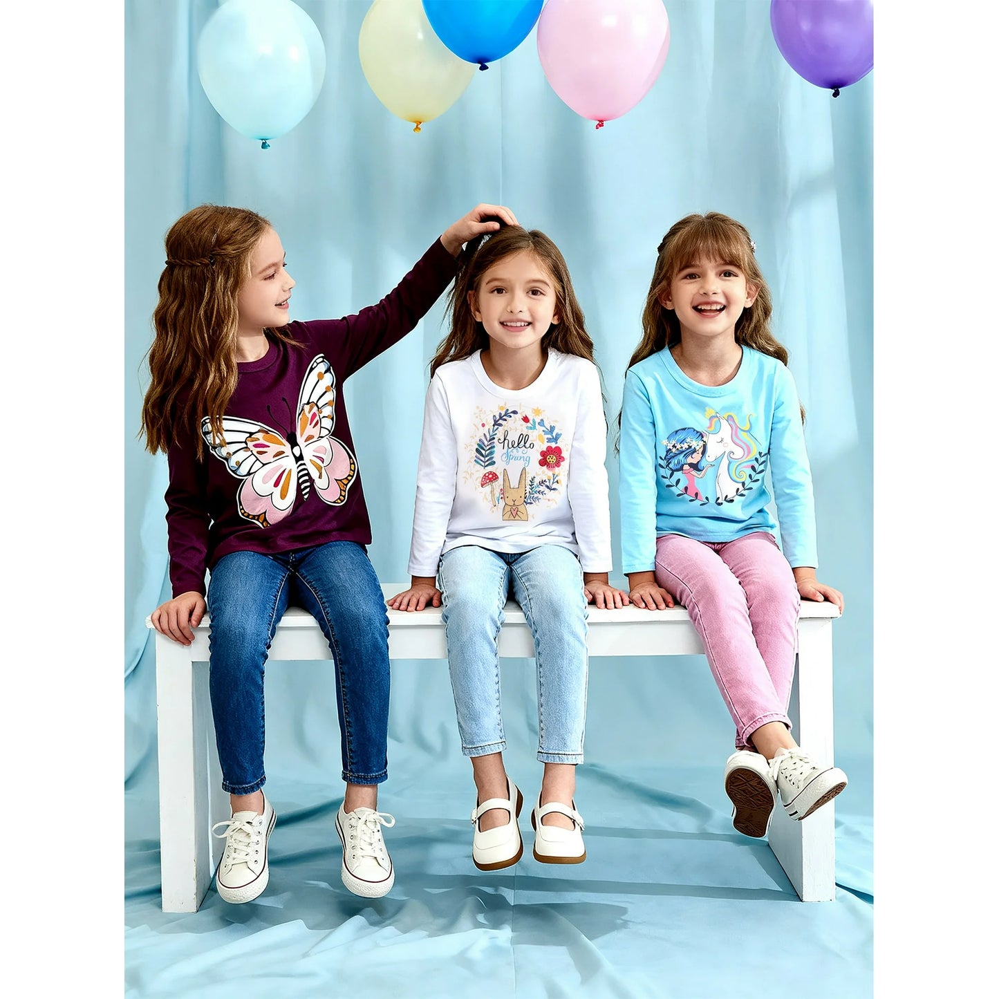 Toddler Girl Long Sleeve Shirts Cotton Casual Crewneck Purple Buttfly Jersey Bunny Unicorn Tunic T-Shirts 3 Packs
