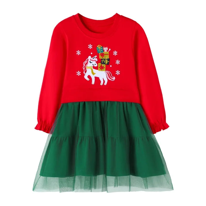 HILEELANG Toddler Girls Christmas Long Sleeve Tulle Dress Cotton Casual Red Unicorn Embroidery Jersey Shirt Fall Winter Holiday Playwear Dresses