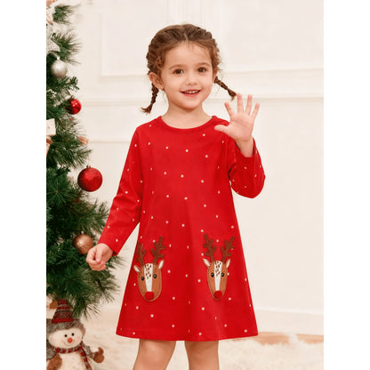 HILEELANG Toddler Girl Christmas Dress Red Dot Deer Elk Santa Applique Long Sleeve Cotton Casual Tunic Shirt Outfits Dresses