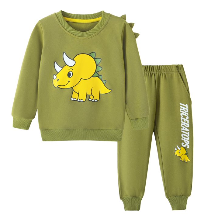 HILEELANG Toddler Boy（2-7Y) 2 Piece Cotton Pullover and Sweatpants Set with Dinosaur Applique, Green Fall Winter Clothes for Kids