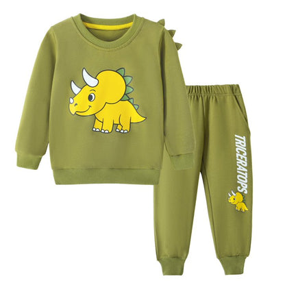 HILEELANG Toddler Boy（2-7Y) 2 Piece Cotton Pullover and Sweatpants Set with Dinosaur Applique, Green Fall Winter Clothes for Kids