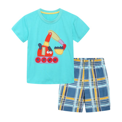 HILEELANG Toddler Boys Round Neck Short Sleeve Knit Orange Excavator Tshirt Short Outfit Set 3Y