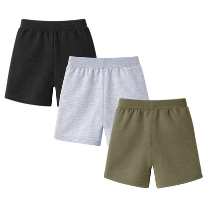 HILEELANG Toddler Boys' Cotton Shorts 3-Pack with Pockets, Grey/Black/Green