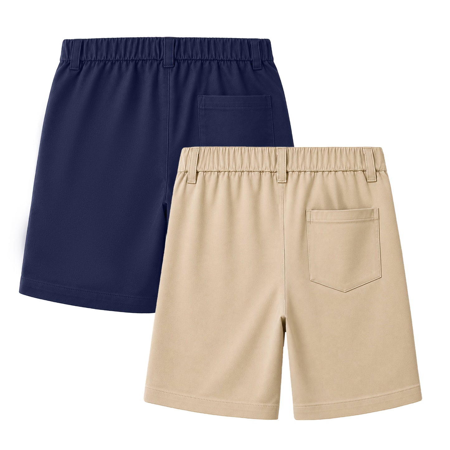 HILEELANG 5-15 Years Little Big Boys School Uniform Shorts 2 Pack, Elastic Waist Flat Front Khaki Navy Chino Shorts with Pockets for Kids Navy Blue Khaki