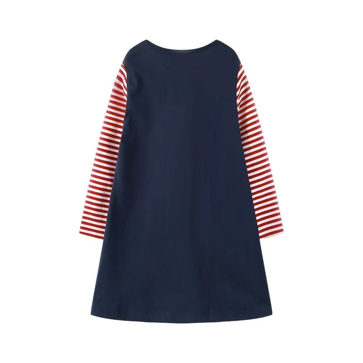HILEELANG Toddler Girl Christmas Dress Navy Blue Deer Elk Santa Christmas Tree Applique Long Sleeve Cotton Holiday Dresses