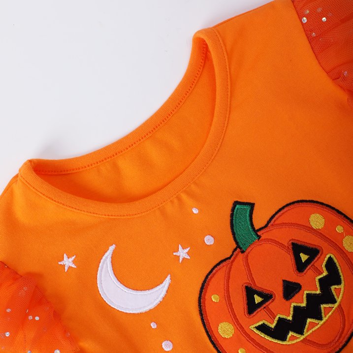 HILEELANG Toddler Girls Halloween Dress 2–7Y, Long Sleeve Pumpkin Ghost Black Cat Print Tulle Skirt with Witch Hat 2 years old