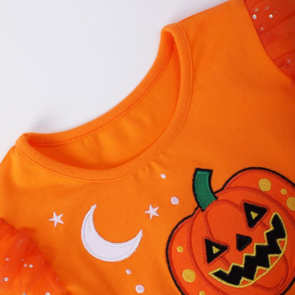 HILEELANG Toddler Girls Halloween Dress 2–7Y, Long Sleeve Pumpkin Ghost Black Cat Print Tulle Skirt with Witch Hat 2 years old