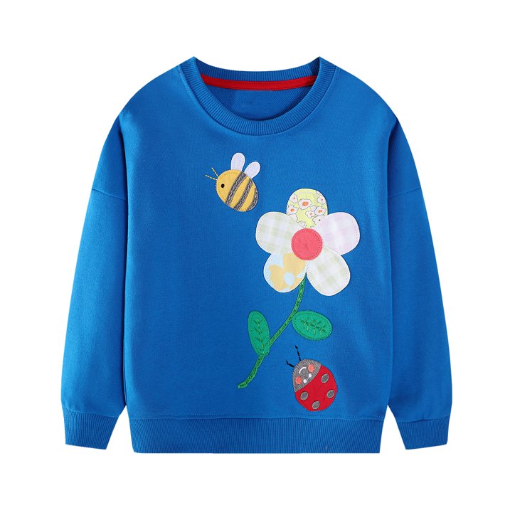 HILEELANG Toddler Girls(2-7Y) Blue Sweatshirt Cotton Falling Shoulder Sleeve Pullover Colorful Royal Flower Fall Winter Shirt