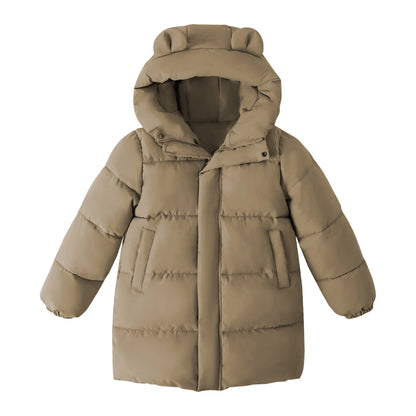 HILEELANG Kids Olive Khaki Green Mid-Length Puffer Coat – Warm Quilted Winter Jacket with Bear Ear Hood for Boys & Girls