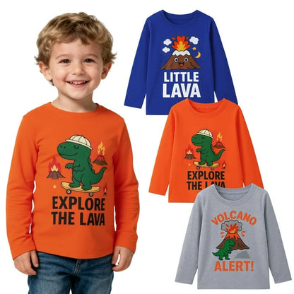 HILEELANG Toddler Boys（2Y-7Y) Shirt 3-Pack Dinosaurs Volcano Graphic Long-Sleeve Tees Winter Cotton Casual Crewneck T-Shirts