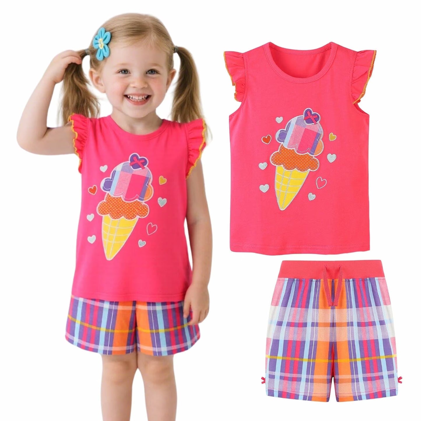 HILEELANG Toddler Girl Short Outfits Sets Easter Summer Cotton Casual Ruffle Sleeve Ice Cream Tank Top Shirts Check Shorts Beach Clothing