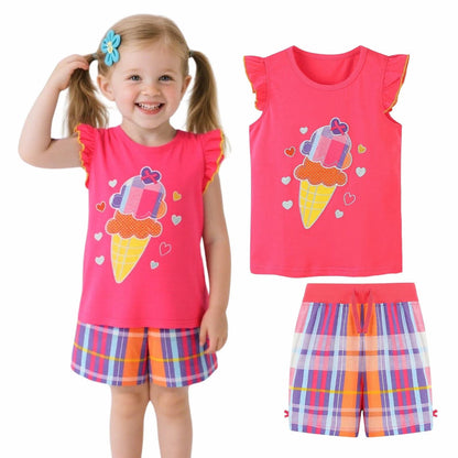 HILEELANG Toddler Girl Short Outfits Sets Easter Summer Cotton Casual Ruffle Sleeve Ice Cream Tank Top Shirts Check Shorts Beach Clothing