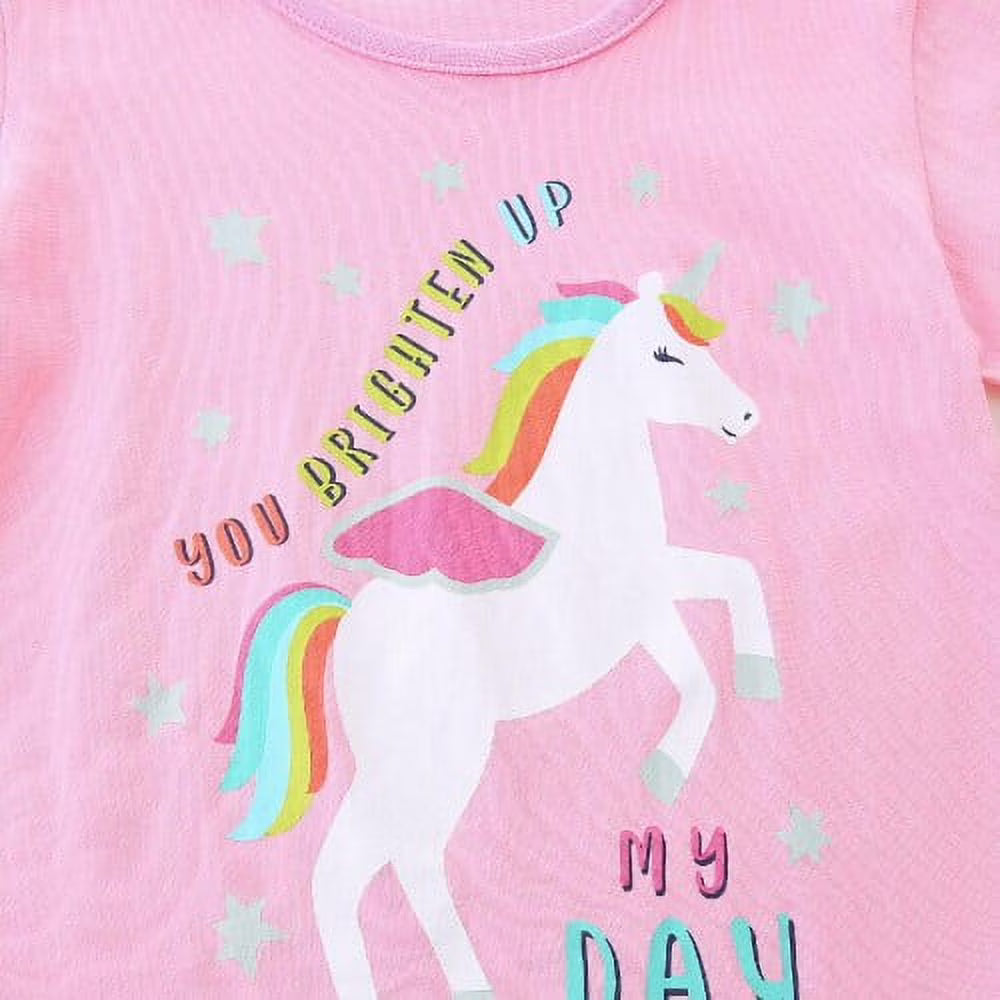 HILEELANG Toddler Girl Summer Short Outfits Cotton CrewNeck Pink Unicorn Short Sleeve Playwear 2PC Sets 2T