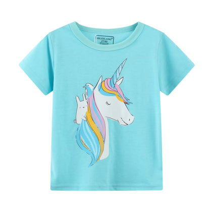 HILEELANG Toddler Girls' Short Sleeve Tee Shirt Cotton Crewneck Unicorn Graphic Tops T-Shirts Purple Green 3 Packs