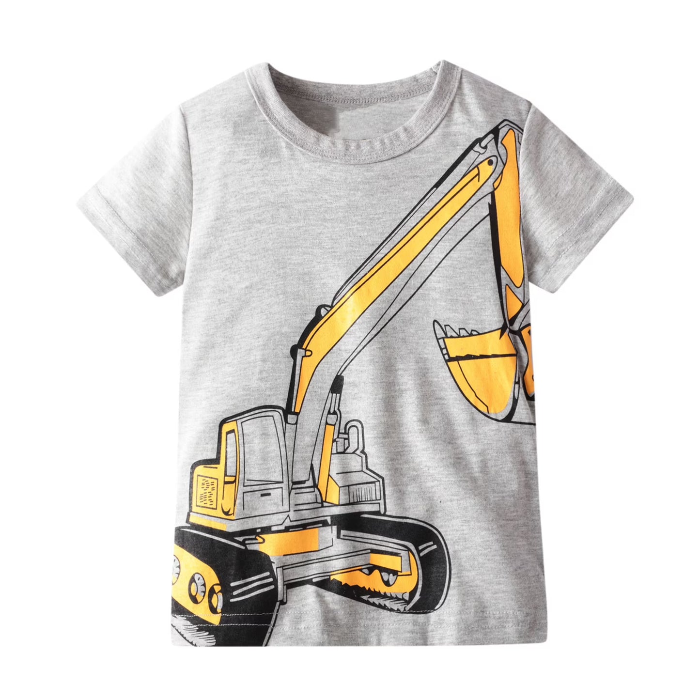 HILEELANG Toddler Boys' Short Sleeve Cotton T-Shirt, Excavator Graphic, Yellow/Grey