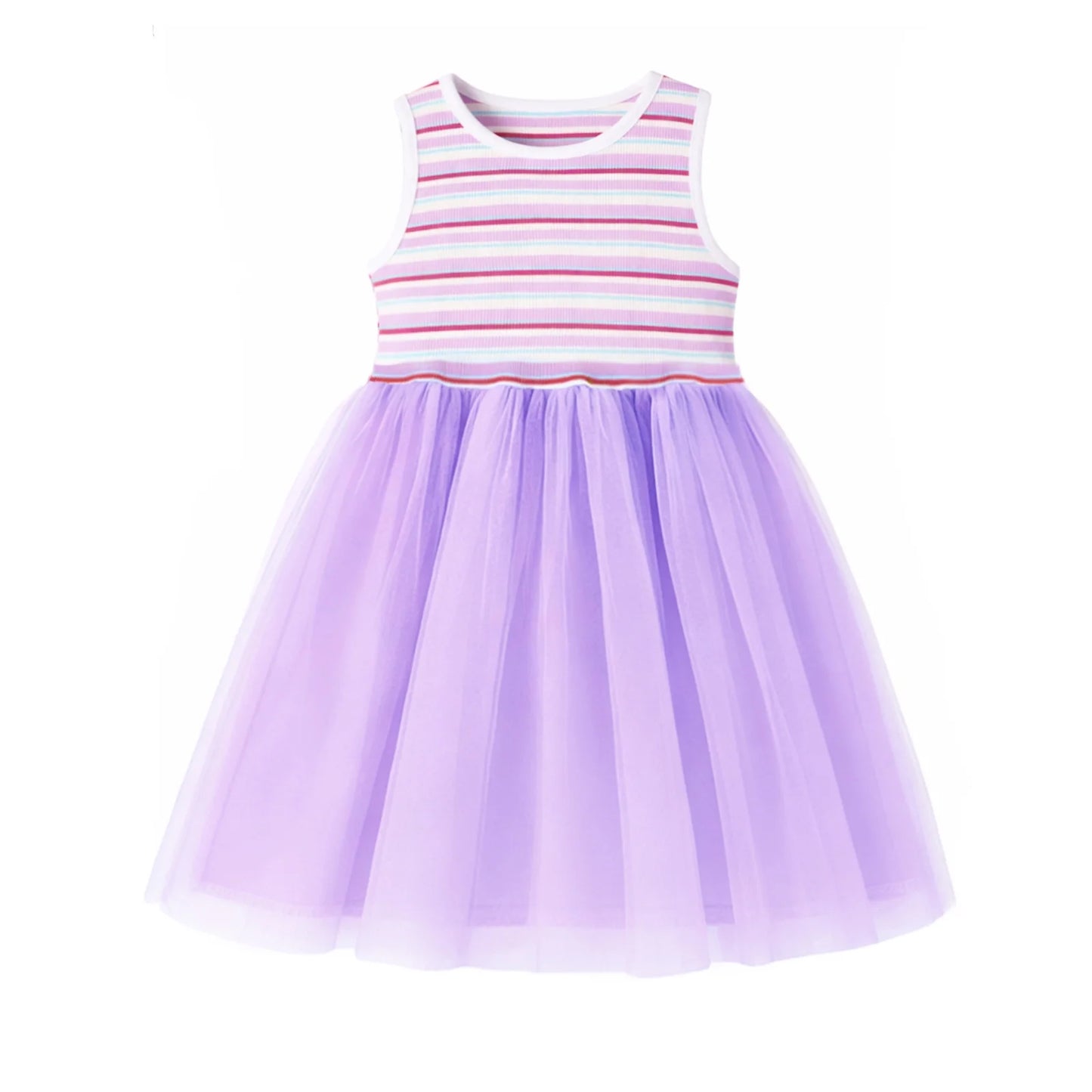 HILEELANG 2-7T Toddler Little Girls Pastel Striped Ribbed Tulle Dress, Lavender Purple Sleeveless Sundress
