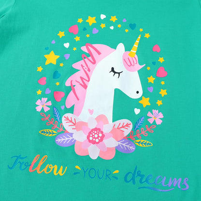 HILEELANG Little Girl Cotton Short Sleeve Tees, Unicorn Print, 3-Pack