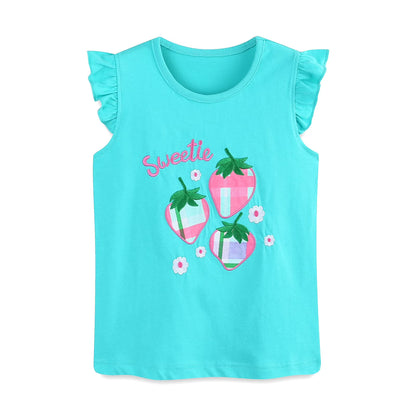 HILEELANG Toddler Girl Summer Short Clothes Sets Outfits Cotton Blue Strawberry Tee Shirts Shorts Playwear