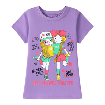 HILEELANG Little Girl Short Sleeve Tees Summer Purple Black Green Girl Cotton Tops Shirts 3 Packs