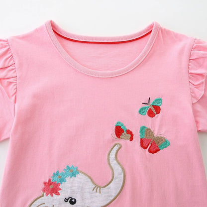 HILEELANG Toddler Girl Summer Short Clothes Sets Outfits Cotton Pink Elephant Tee Shirts Shorts Playwear 2T