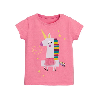 HILEELANG Toddler Girl Cotton Crewneck Tee, Short Sleeve Unicorn Puppy Graphic T-Shirts, Pink/Yellow/Blue, 3-Pack