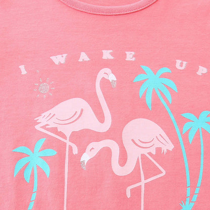 HILEELANG Toddler Girl Summer Short Clothes Sets Outfits Cotton Pink Bird Tee Shirts Shorts Playwear