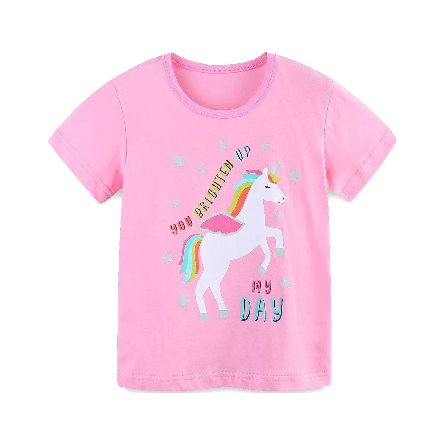 HILEELANG Toddler Girl Summer Short Outfits Cotton CrewNeck Pink Unicorn Short Sleeve Playwear 2PC Sets 2T