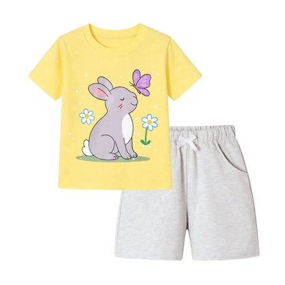 HILEELANG Toddler Girls 100% Cotton Hello Spring Bunny Short Set